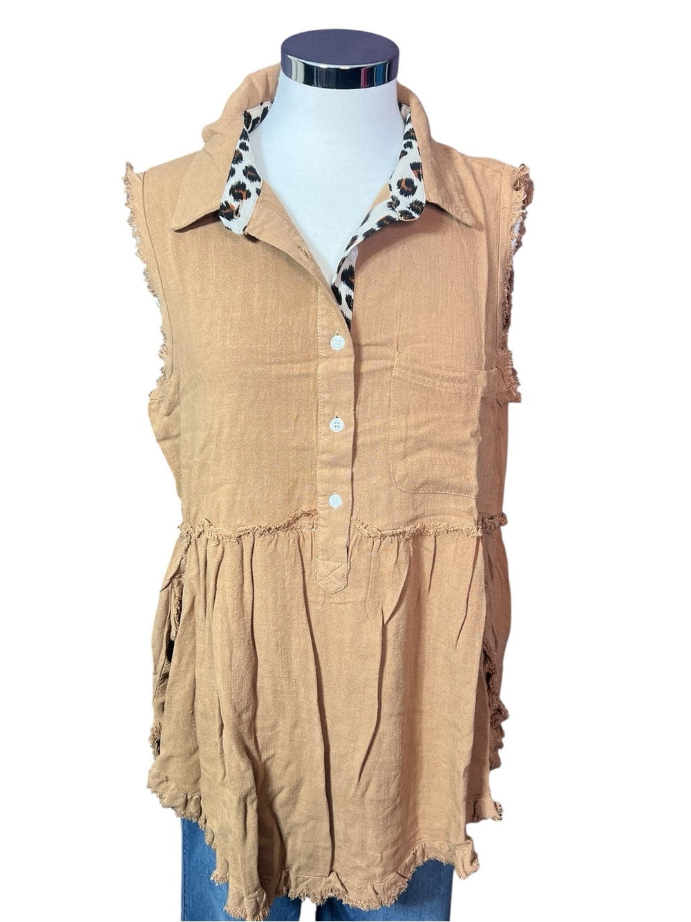 Umgee Linen Cotton Tan Sleeveless Collared Animal Print Tunic Top